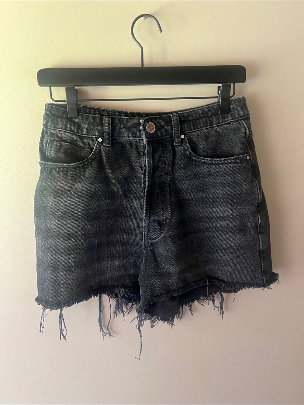 Zara Black Washed Distressed Denim Shorts